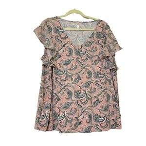 Per Seption Woman’s Multi Color Paisley Stretch Blouse Size 3X Flutter Sleeves